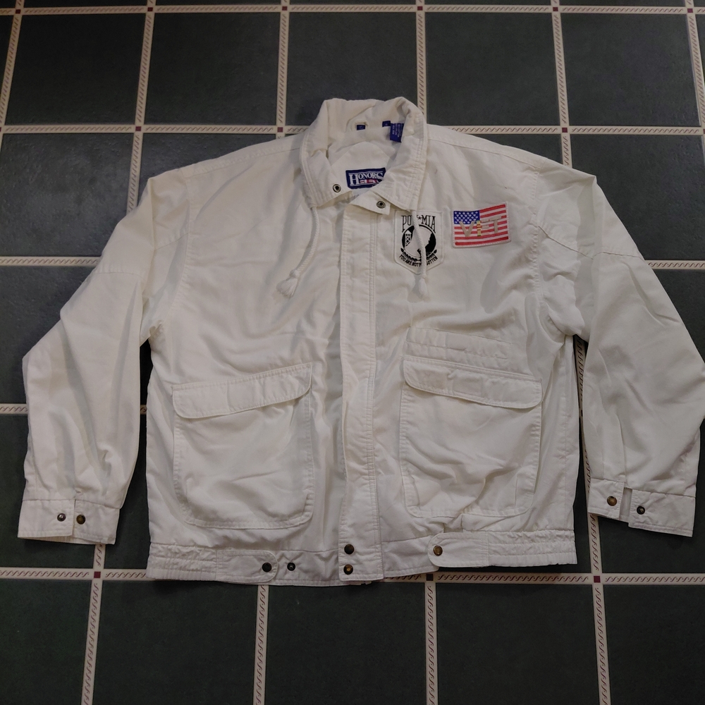 POW/MIA Embroidered White Military Field Jacket with American Flag Patch